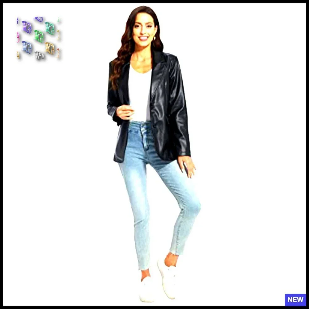 Faux Leather Blazer Jacket Oversized Moto Biker Coat Vegan Pleather Chic